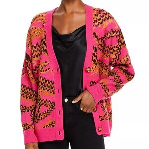 FARM Rio Mixed Print Croco Knit Button Cardigan Sweater Women's Size S Pink
